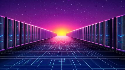 Poster - Futuristic server room pathway, glowing neon.