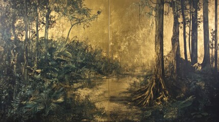 Wall Mural - forest path with trees and foliage in a hazy light painting.