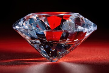 Poster - Sparkling Diamond Gemstone on Red Satin Fabric with Dark Background Capturing Luxury and Elegance in Studio Shot