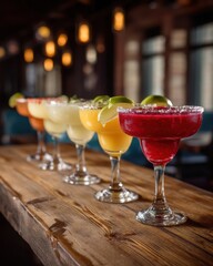 Poster - Colorful margarita cocktails arranged on a rustic wooden bar top creating a vibrant and inviting atmosphere for a festive celebration with a shallow depth of field
