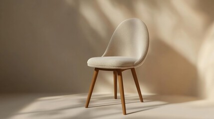 Poster - Minimalist chair design with wooden legs and neutral upholstery casting soft shadows on a beige backdrop showcasing furniture elegance and contemporary interior style