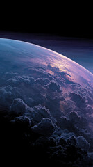 Poster - Earth viewed from space, showcasing a dramatic twilight scene with dark clouds and a vibrant purple-blue horizon, symbolizing vastness, mystery, and the beauty of our planet