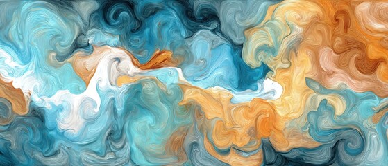 Poster - Fluid abstract art with swirling brushstrokes in turquoise blue and amber gold creating a dynamic and mesmerizing visual texture modern artwork