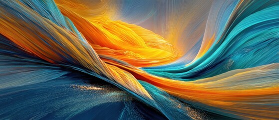 Poster - Abstract art painting with vibrant orange and blue hues flowing in a dynamic wave pattern creating a modern and artistic visual with a sense of movement