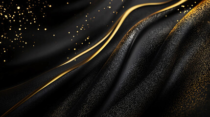 Poster - Elegant Black Fabric with Golden Accents and Sparkling Details Texture Art