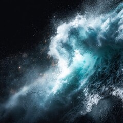 Poster - Dramatic ocean wave crashing against a dark background creating a dynamic and powerful scene showcasing nature's raw energy and the beauty of water in motion with a cinematic style