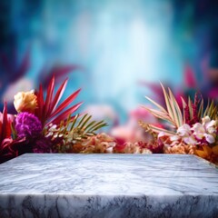Poster - Elegant marble surface showcasing vibrant floral arrangement against a dreamy blurred backdrop perfect for product display cosmetic photography and creating a serene visual atmosphere