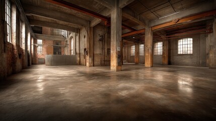 Poster - Industrial warehouse interior with weathered concrete columns and natural light streaming through large windows creating a sense of spaciousness and urban decay