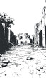 © vadymstock - Black and white illustration of a ruined urban street with damaged buildings and debris scattered around.