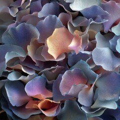 Poster - Abstract arrangement of iridescent petal forms in shades of blue purple and peach creating a calming and visually captivating organic texture with a soft light and dreamy mood