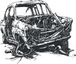 © vadymstock - Black and white illustration of a severely damaged and wrecked car with crushed metal and broken parts