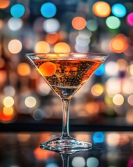 Poster - Elegant cocktail in martini glass with sparkling bubbles and orange garnish against vibrant bokeh background creating a festive atmosphere