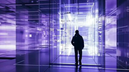 Poster - Exploring a futuristic digital landscape filled with vibrant purple lights and intricate geometric shapes Generative AI