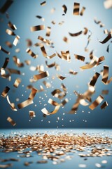 Poster - Golden confetti explosion on blue backdrop creating festive atmosphere for celebration and party occasion with dynamic movement and elegant design perfect for stock photo