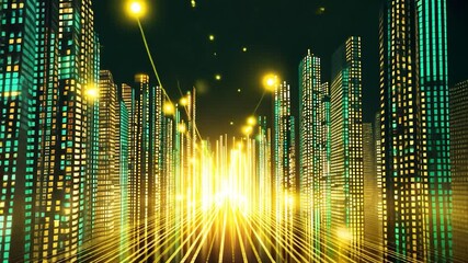 Aufkleber - Futuristic city street with glowing buildings.