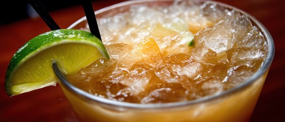 Poster - Refreshing cocktail with ice cubes and lime slice on a wooden table in a bar close up shot