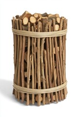 Poster - Rustic Firewood Storage Solution with Natural Twine Binding and Clean White Background for Home Decor