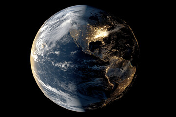 Poster - Earth's globe, half-lit, showcasing continents and city lights against dark space, symbolizing global connectivity and nighttime beauty