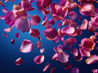 Poster - Delicate rose petals falling gracefully against a deep blue backdrop creating a serene and romantic atmosphere perfect for conveying love beauty and elegance