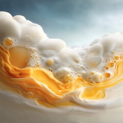 Poster - Creamy Liquid Texture with Golden Hue and Bubbles Abstract Macro Shot Capturing Movement and Light Play for Visual Appeal and Refreshing Aesthetic