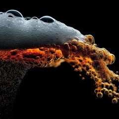 Poster - Refreshing beverage in motion with golden bubbles on a black background showcasing liquid dynamics and captivating visual appeal for thirst quenching