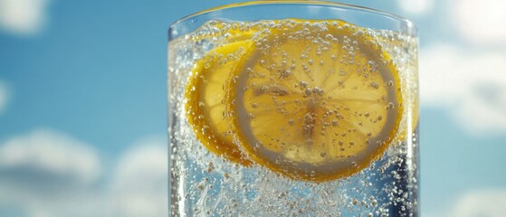 Poster - Refreshing lemon slices in sparkling water against a bright blue sky creating a vibrant and invigorating summer drink with a clean and crisp aesthetic