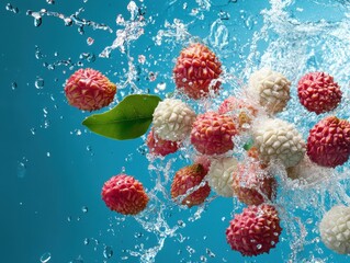 Poster - Lychee fruit in refreshing splash of water against vibrant blue background creating a dynamic and visually appealing scene with tropical essence and freshness