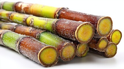 Poster - Fresh sugarcane stalks arranged on a white surface capturing the vibrant colors and textures in a studio setting with a clean and minimalist approach for a healthy lifestyle