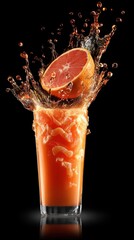 Poster - Refreshing grapefruit splash into a glass of juice on a black background creating a vibrant and energetic visual with a dynamic composition and dramatic lighting