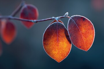 Poster - Frosty Autumn Leaves Embracing Winter's Touch Delicate Veins Illuminated by Soft Sunlight Nature's Beauty Captivating Scene
