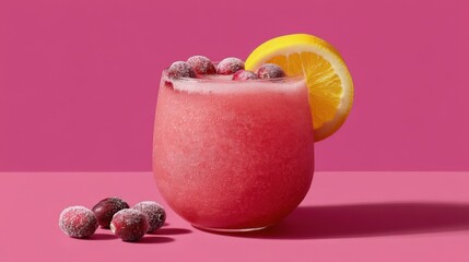 Poster - Refreshing cranberry cocktail with lemon slice and frosted cranberries on a pink background delicious and vibrant drink photography for summer season