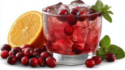 Poster - Refreshing cranberry cocktail with orange slice and mint garnish on a bright white background creating a vibrant and inviting beverage scene perfect for a summer mood