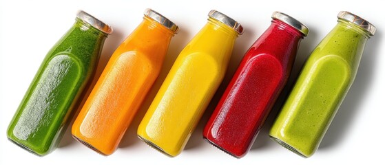 Poster - Colorful assortment of vibrant fruit and vegetable smoothie bottles arranged on a clean white surface showcasing healthy organic refreshment and wellness concept