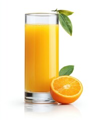 Poster - Refreshing orange juice in glass with slice and leaves on white background studio shot vibrant and healthy drink perfect for breakfast and lifestyle photography