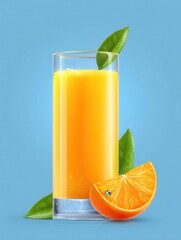 Poster - Refreshing orange juice in a glass with slice and green leaves against light blue background capturing the essence of healthy living and vibrant nutrition with studio lighting