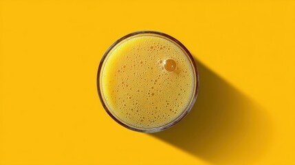 Poster - Effervescent beverage in glass on yellow background with rich foam and shadow from above capturing refreshment and vibrant color in simple minimalist style