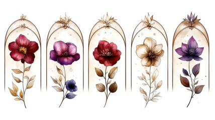 Poster - Five elegant floral logos each featuring different flower are arranged in arched design. flowers vary in color including red pink and purple with delicate leaves and soft artistic style