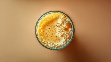 Poster - Fresh and Vibrant Orange Juice in a Glass Top View on Neutral Background with Bubbles and Shadow Casting a Refreshing and Healthy Beverage Concept for Stock Photography