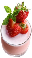 Poster - Refreshing strawberry smoothie in glass with fresh mint leaves and ripe strawberries on top offering a delicious and healthy treat for a summer day close up view