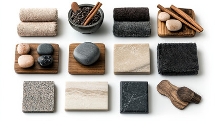 Poster - collection of spa elements including towels, stones, and wooden trays arranged on white background, creating serene and natural atmosphere