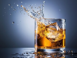 Poster - Whiskey splash with ice cubes in a glass on a dark background studio shot capturing the dynamic motion and refreshing essence of the drink with a captivating angle