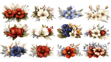 Poster - collection of 12 elegant floral logos featuring various flowers in red, white, and blue hues, each adorned with delicate leaves and subtle accents, creating harmonious design