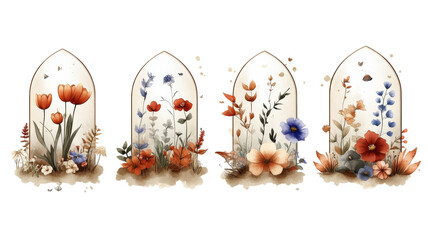 Aufkleber - collection of four elegant floral designs featuring tulips, poppies, and wildflowers in arched frames, showcasing harmonious blend of colors and nature inspired beauty