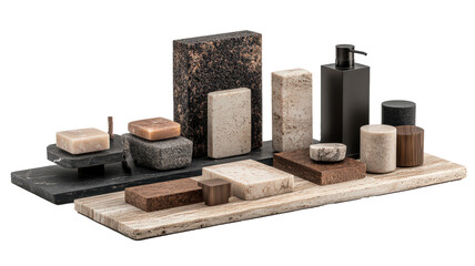 Poster - minimalist mood board featuring various textured soap bars, black pump bottle, and wooden elements on transparency background, creating serene and natural aesthetic