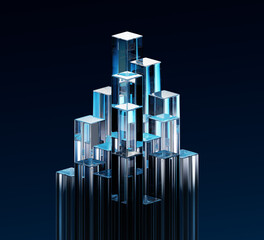 Poster - 3d glass transparent rectangle pillars on black background. Crystal glossy columns with light blue gradient on abstract dark bg. Ice block composition with holographic effect render. 3D illustration