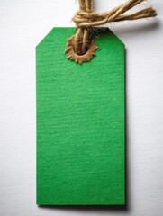 Poster - Green tag with jute string on white background offering a blank space for message or price tag for product package and promotion with natural light