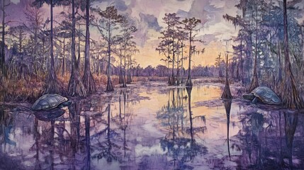 Wall Mural - swamp landscape with trees reflections in water at sunset or sunrise.