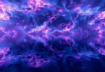 Wall Mural - cosmic nebula mirrored in tranquil blue-purple waters, vibrant galaxy swirls, space, celestial