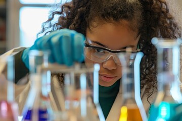 Poster - Student in lab, wearing goggles and gloves, concentrates on experiment, A student conducting an experiment in a science lab