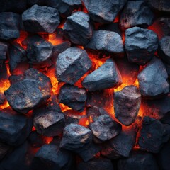 Poster - Fiery glow illuminating dark coal rocks creating a warm and intense visual texture perfect for energy themes and industrial backgrounds with a high angle shot